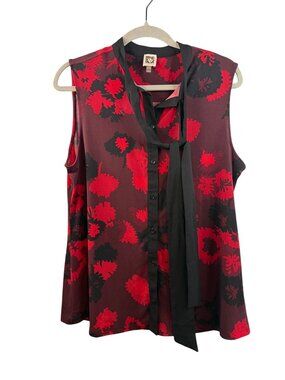 Anne Klein Sleeveless Red & Black Floral Blouse W/ Tie Neck L